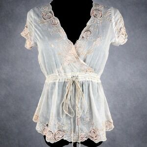 Nougat London Embroidered Boho Babydoll Blouse Cottagecore Prairie Top Size S